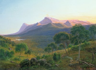 Aborígenes junto a un Fuego frente al Monte William visto desde el Monte Dryden en los Grampians, Victoria, 1892 de Eugene von Guérard